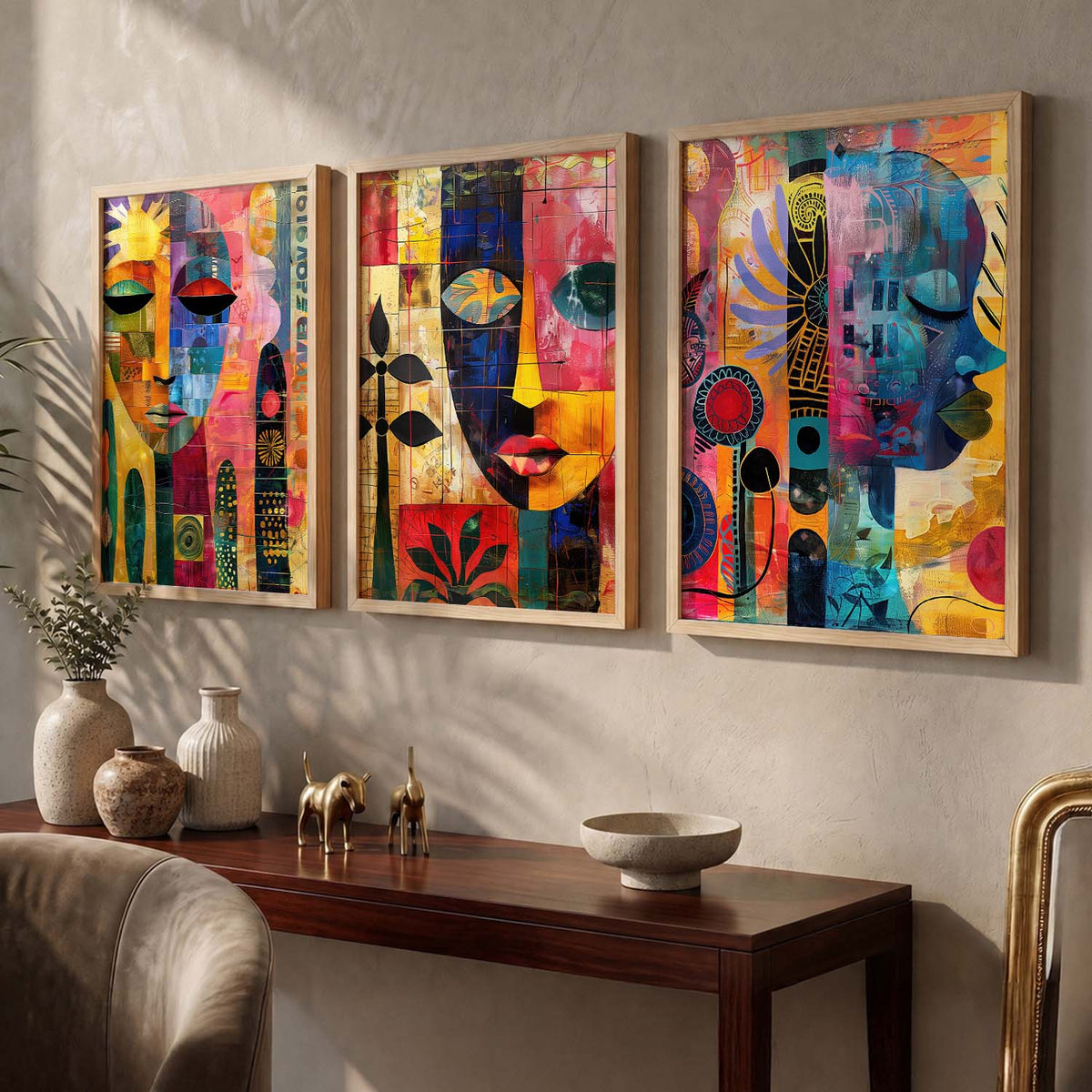 Abstract Faces Triptych High-Resolution Digital Artwork