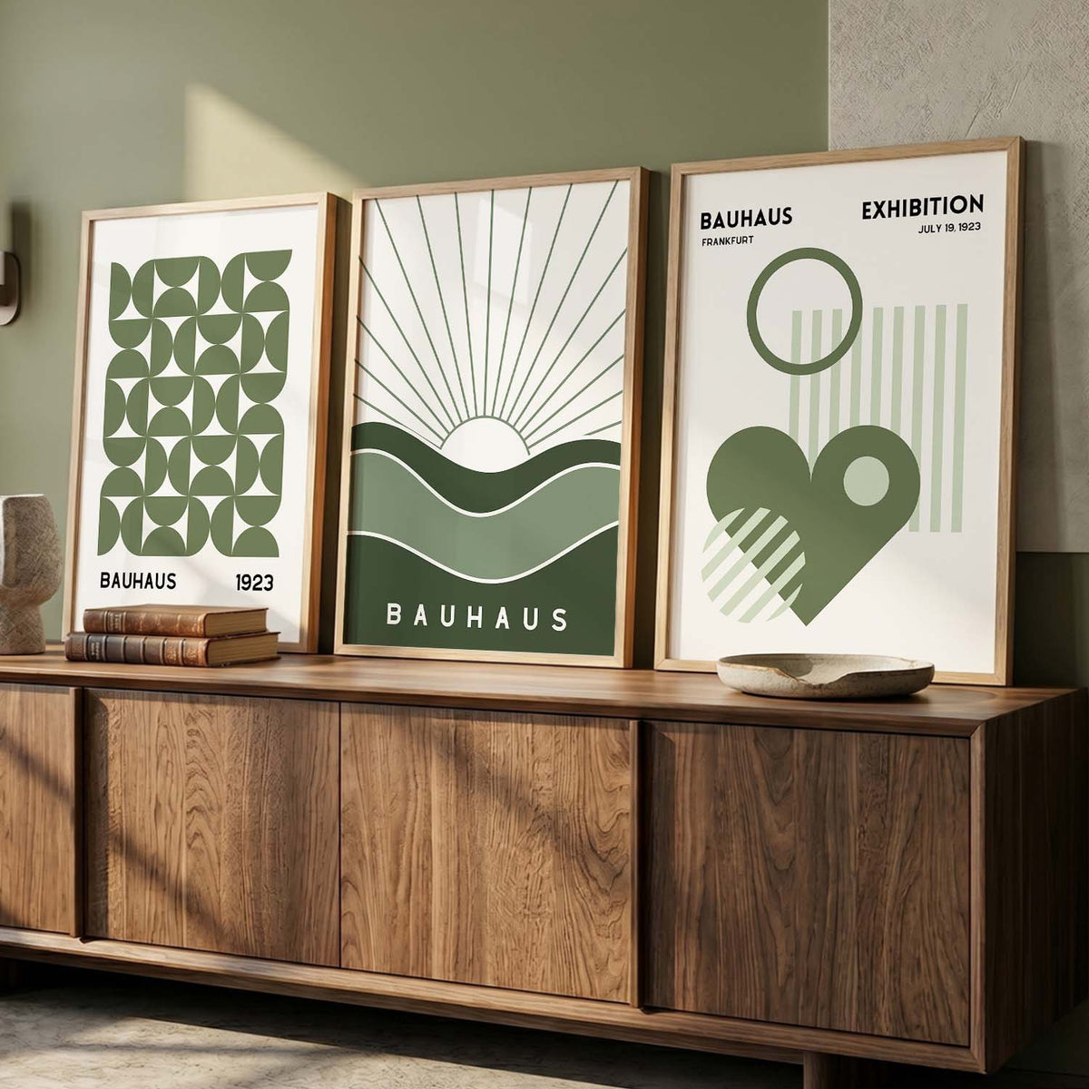 Bauhaus Green Triptych Digital Art Collection