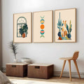 Boho Botanical Cat and Moon Phases Triptych