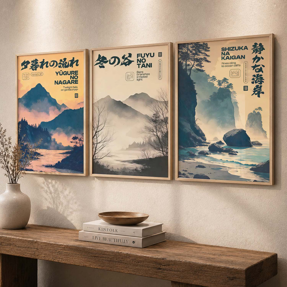 Japanese Minimalist Nature Landscapes Digital Art Trio