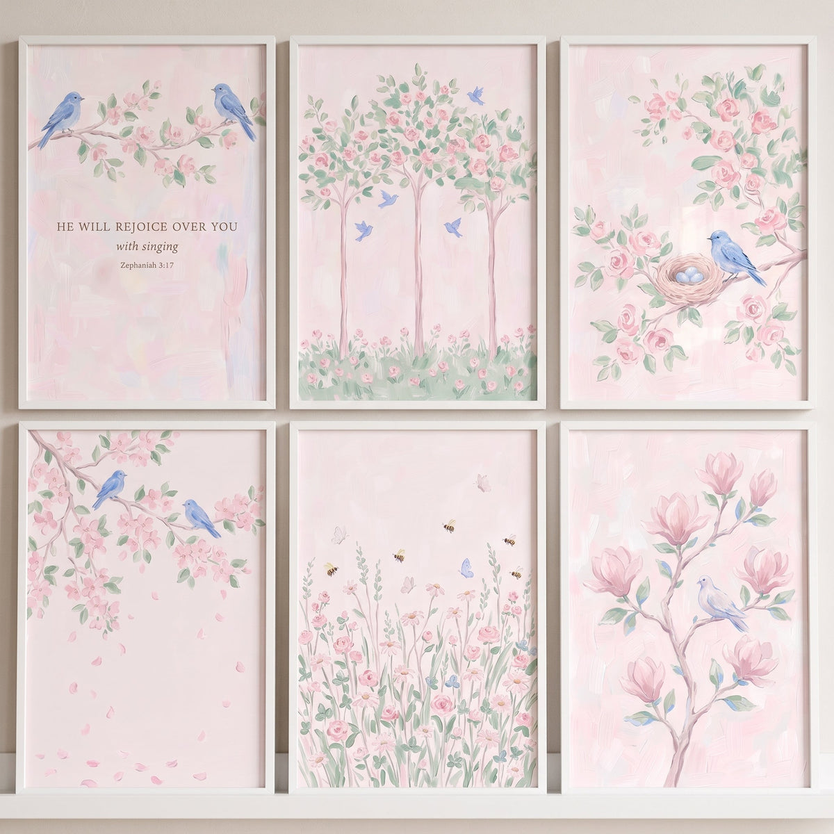 Pink Spring Birds and Floral Digital Art Gallery Wall Set
