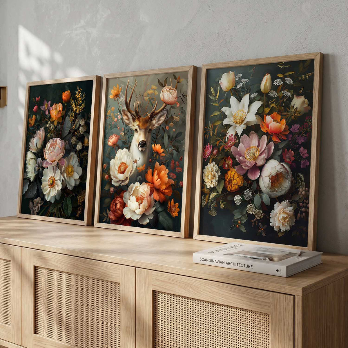 Botanical Deer and Floral Trio Digital Artwork