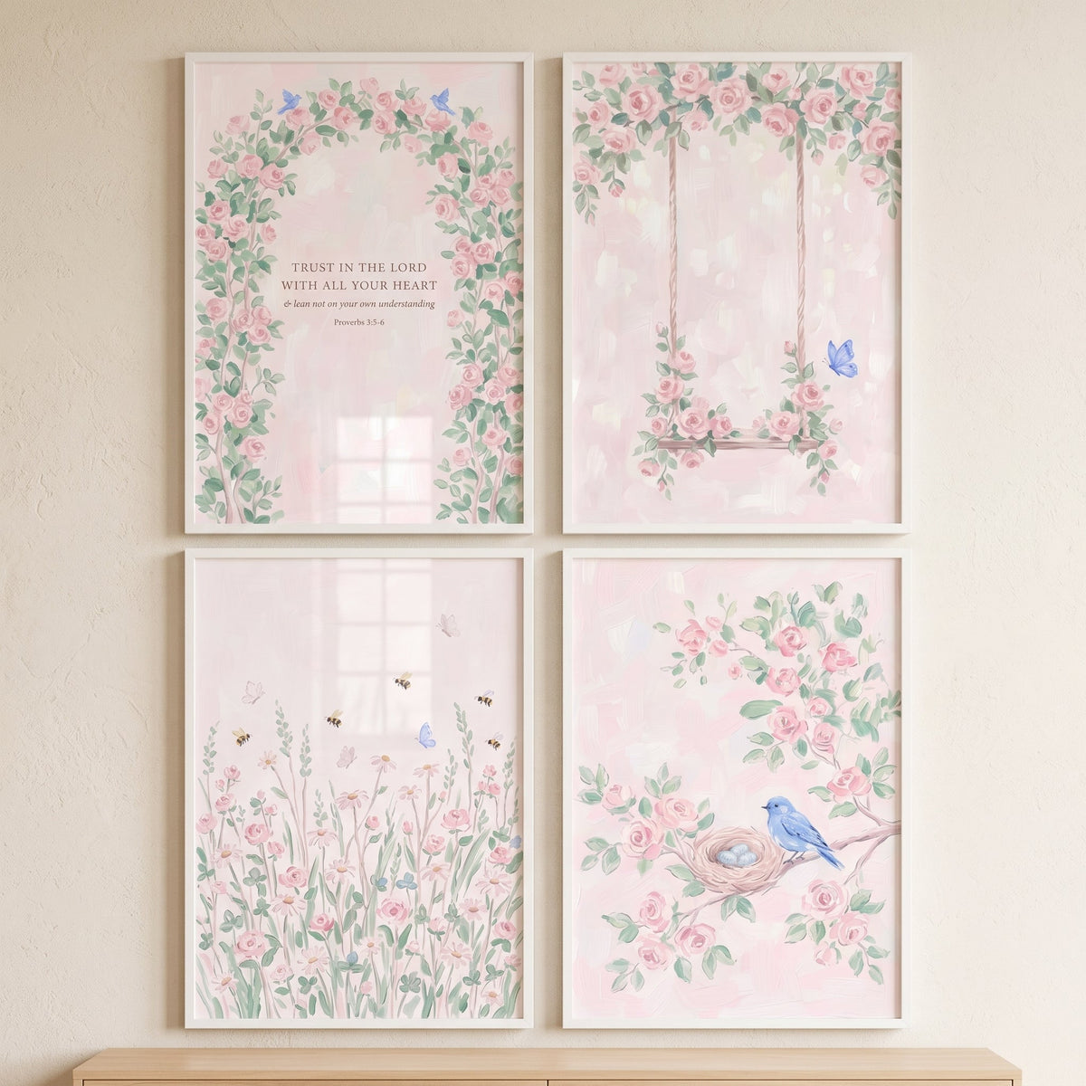 Pink Floral Garden Wall Art Set of 4