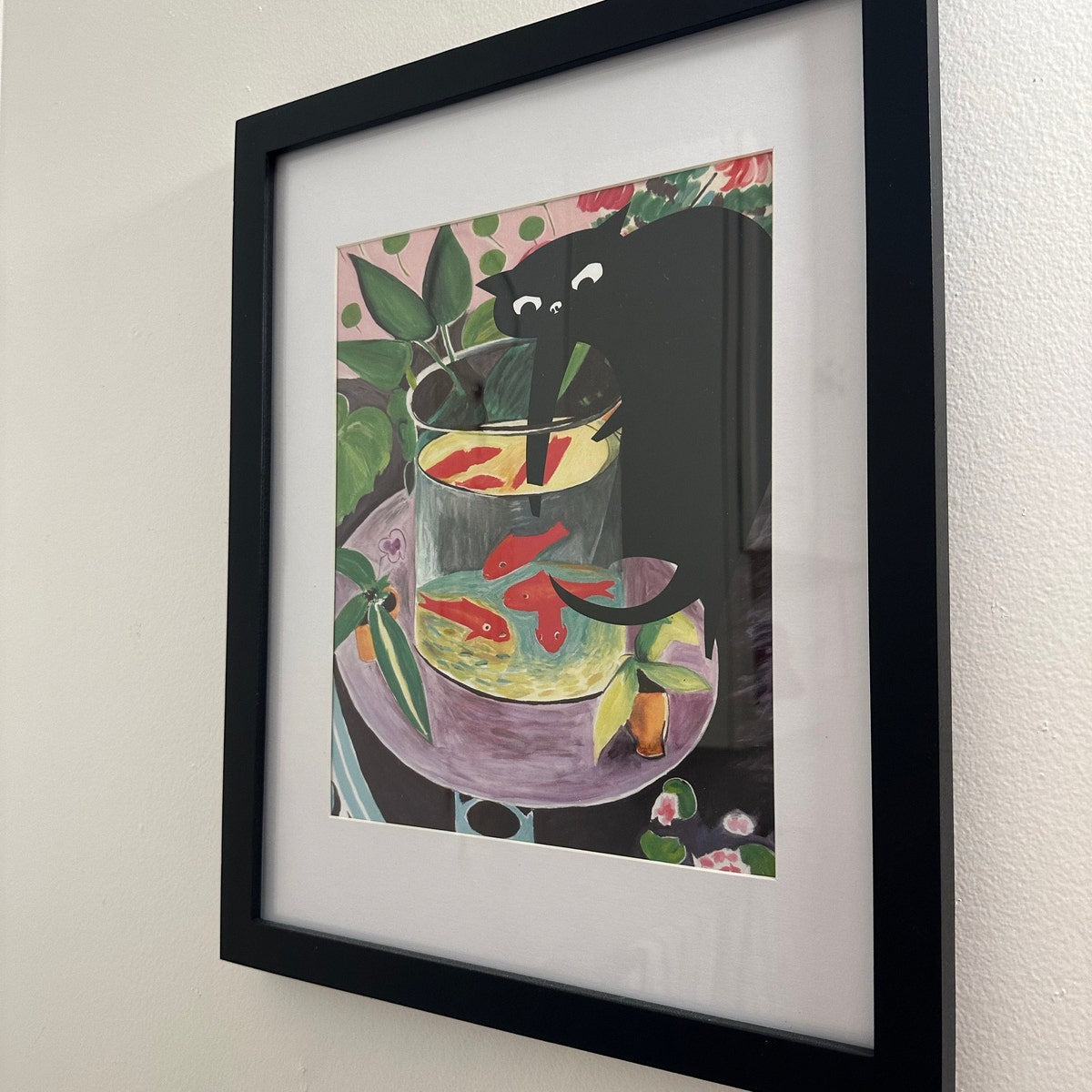 Curious Black Cat and Goldfish Digital Art Print