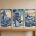 Rustic Farmhouse Cyanotype Triptych Digital Art Set