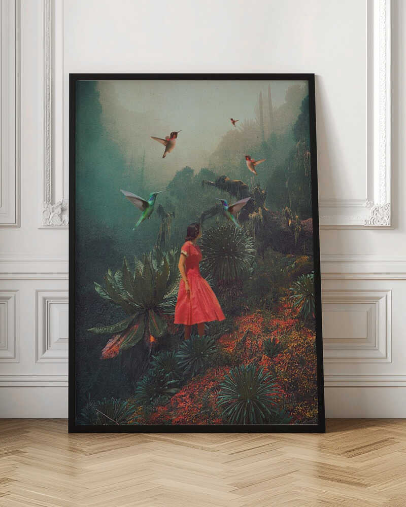 Woman in Red Dress with Hummingbirds Digital Artwork