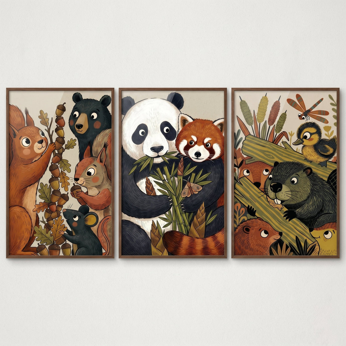 Forest Friends Digital Art Triptych