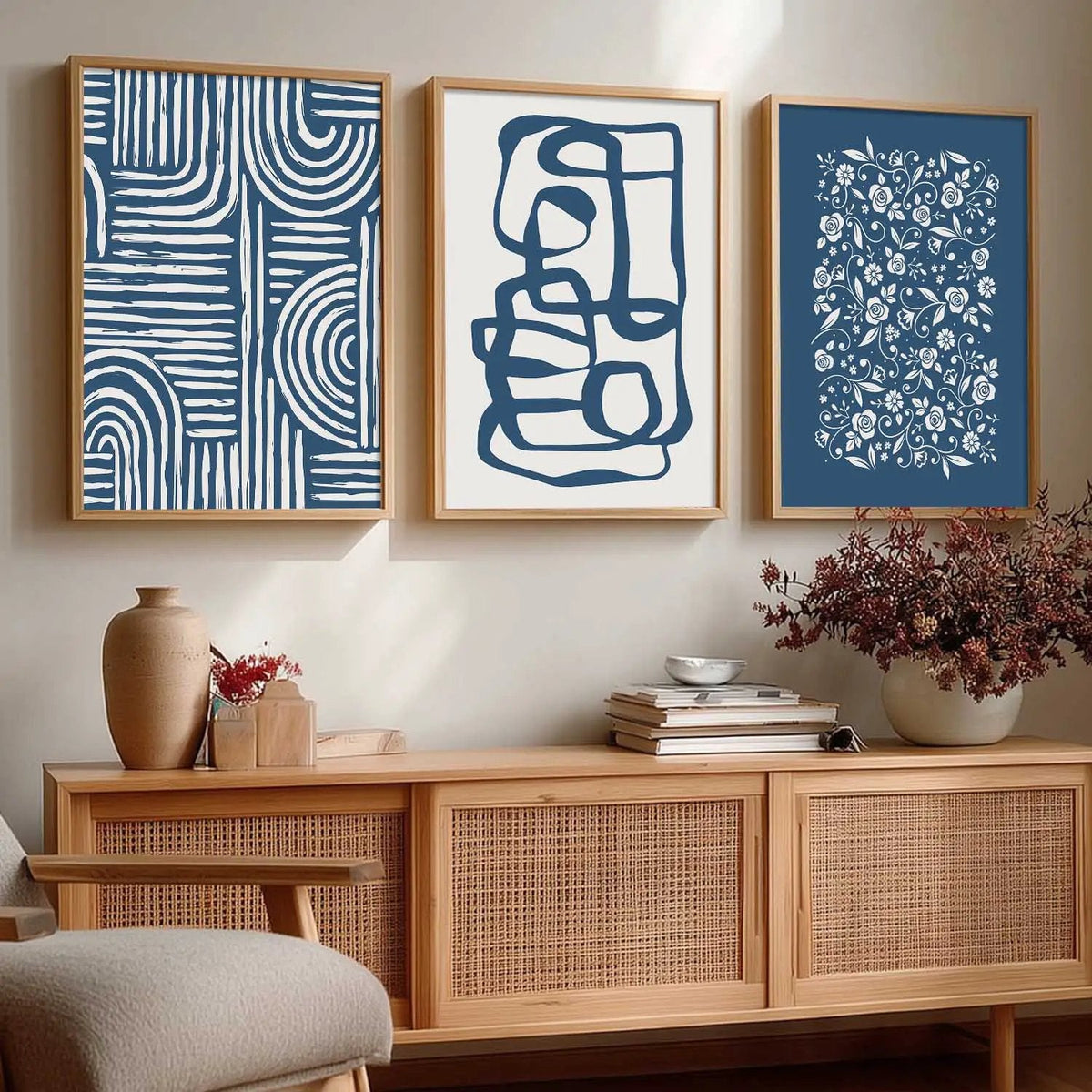 Blue Boho Abstract Line Art Trio Digital Download