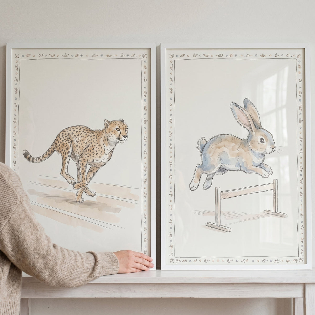 Chasing Cheetah & Jumping Rabbit Watercolor Digital Artwork Set