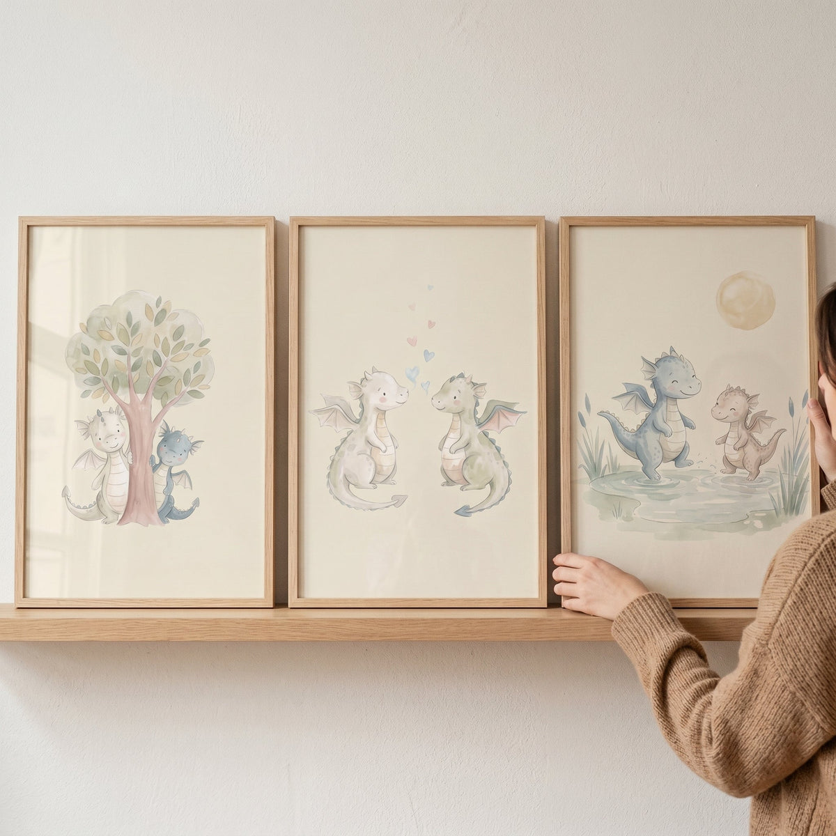 Cute Watercolor Baby Dragons Nursery Triptych Digital Art