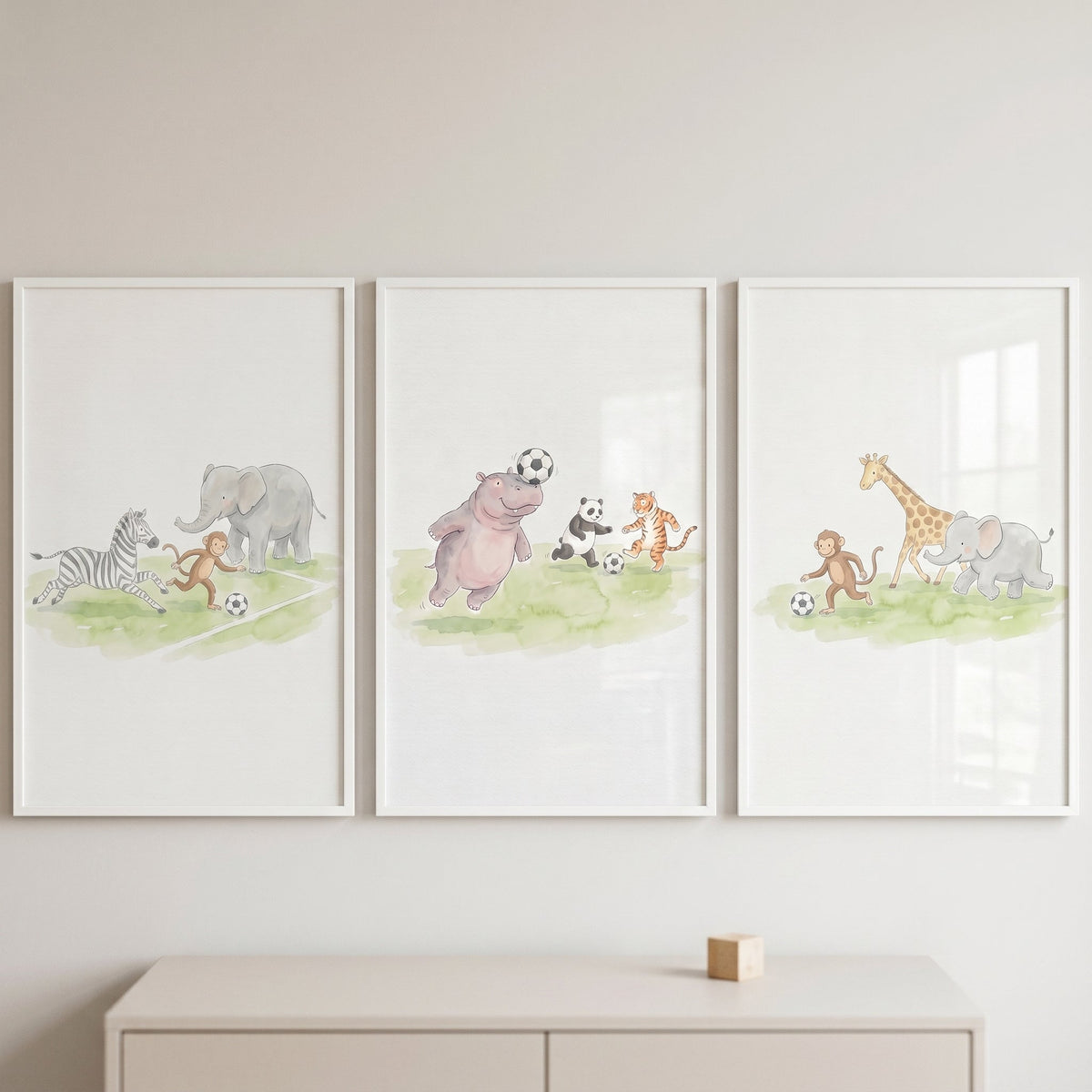 Watercolor Safari Animals Playing Soccer Digital Art Triptych
