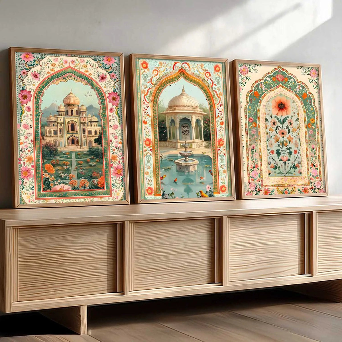 Mughal Architecture and Botanical Gardens Digital Art Triptych