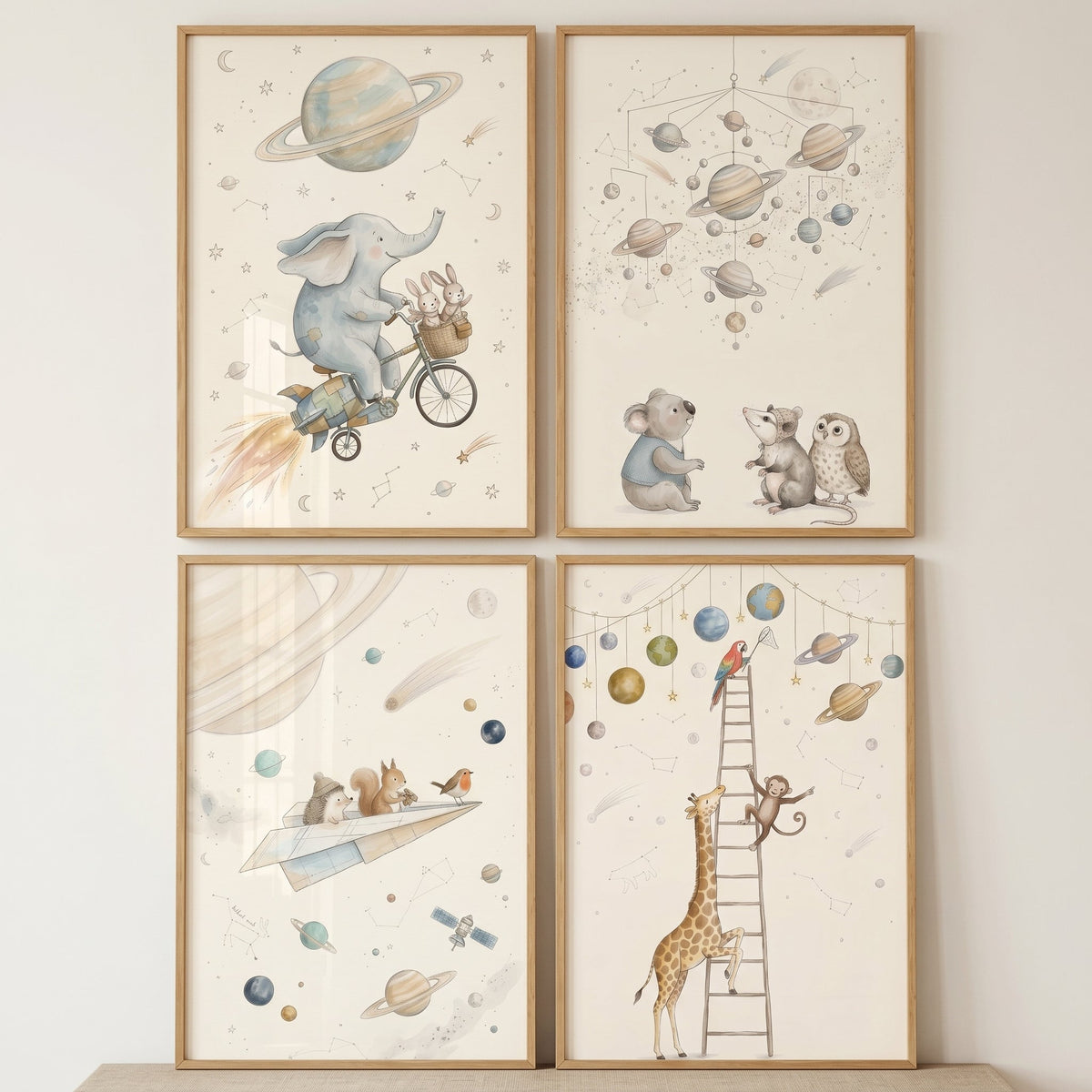 Whimsical Space Animals Digital Wall Art Set of 4