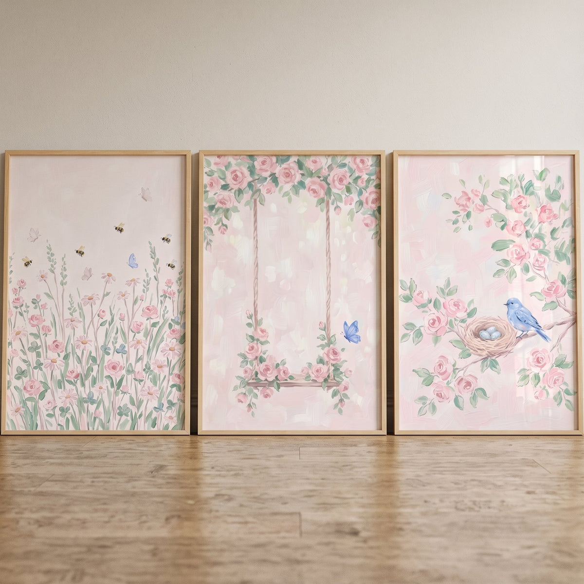 Watercolor Spring Garden Triptych Digital Art