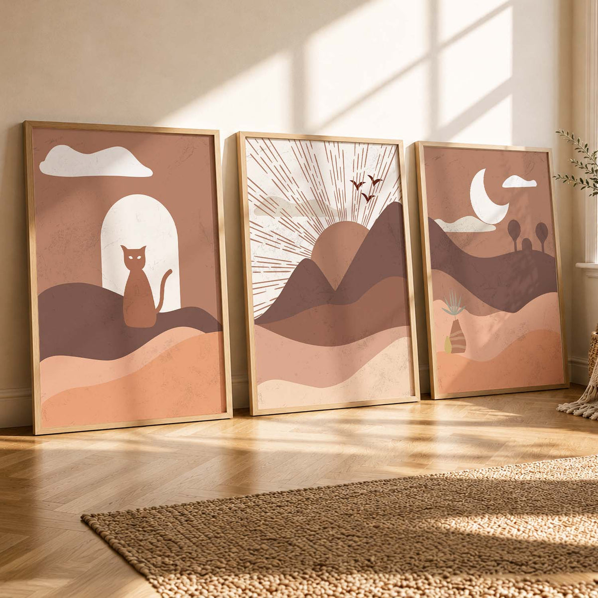 Boho Desert Cat and Sunburst Triptych
