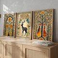 Bohemian Folk Floral and Fauna Triptych Digital Art Set