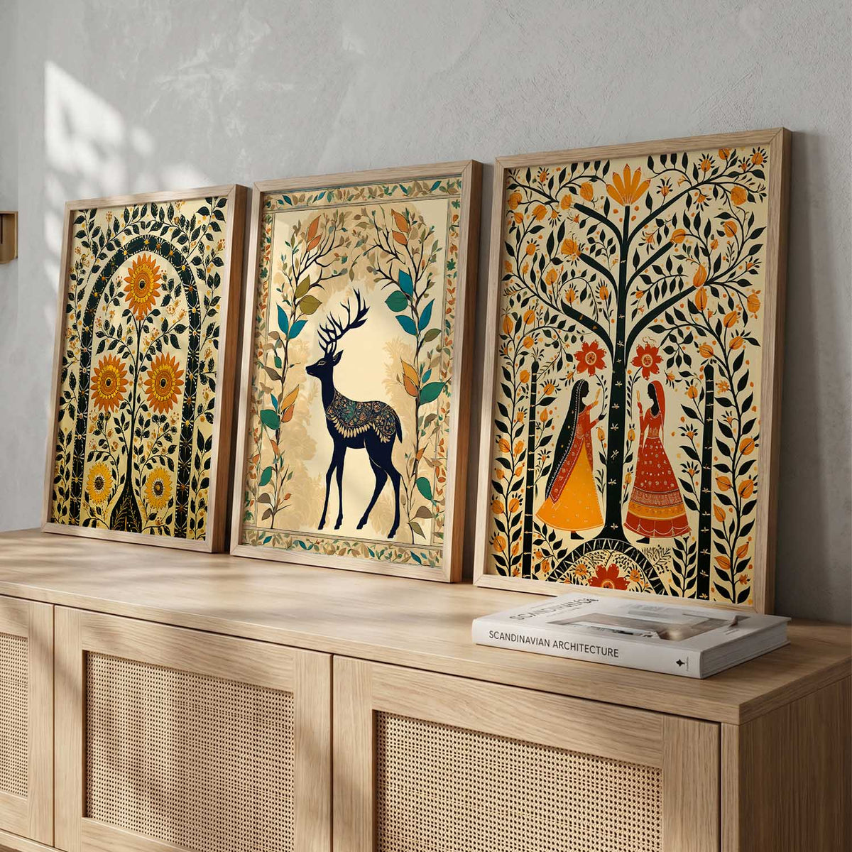 Bohemian Folk Floral and Fauna Triptych Digital Art Set
