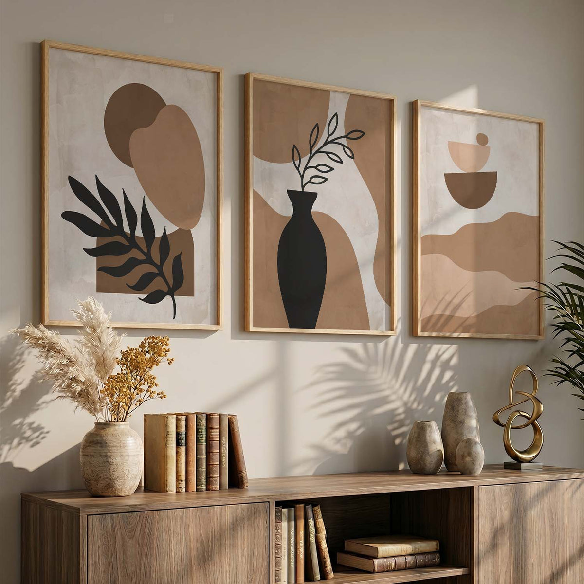 Boho Neutral Botanical Triptych Digital Art