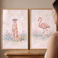 Whimsical Meerkat and Flamingo Digital Art Pair