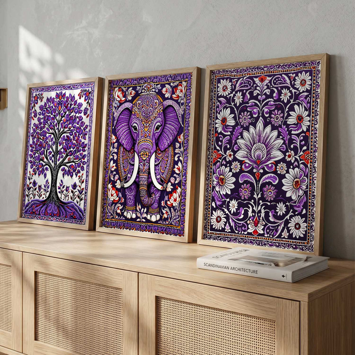 Boho Purple Elephant and Floral Triptych