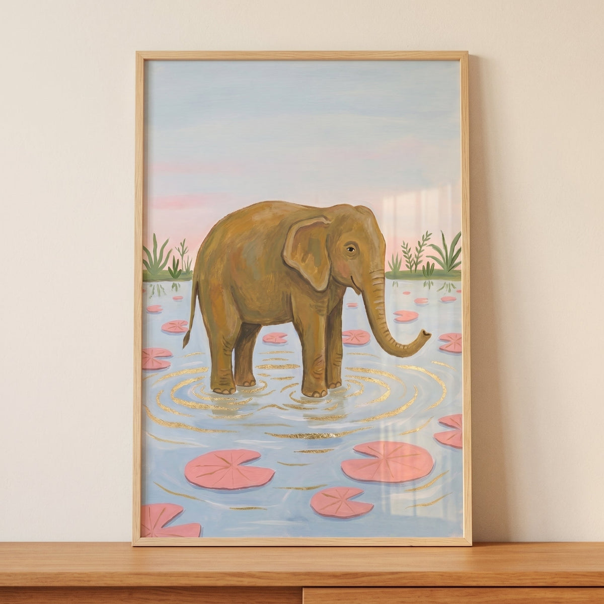 Gentle Elephant in Lotus Pond Digital Artwork