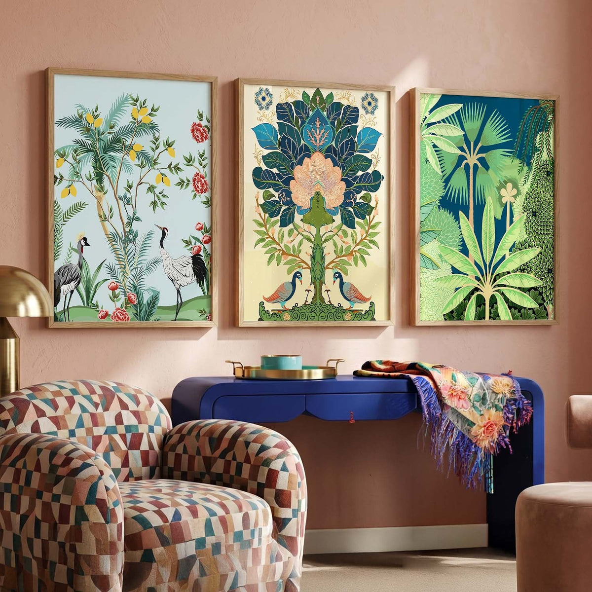Chinoiserie Tropical Botanicals and Birds Digital Art Triptych