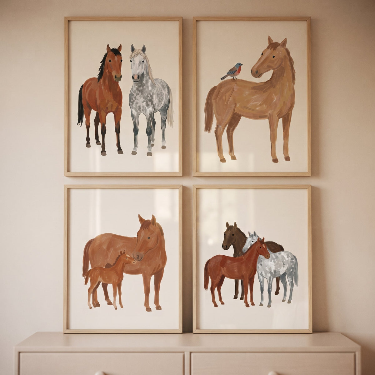 Charming Vintage Horse Family Digital Art Prints Set of Four