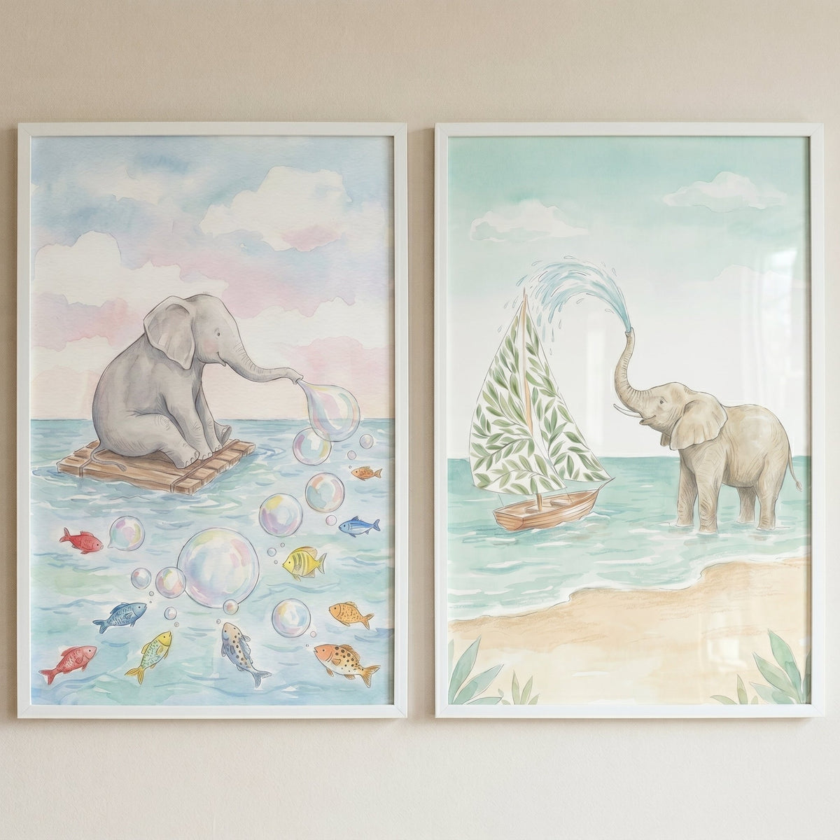 Whimsical Watercolor Elephant Sea Adventure Digital Print Set