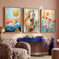 Boho Mountain Horse and Floral Meadow Triptych Digital Art