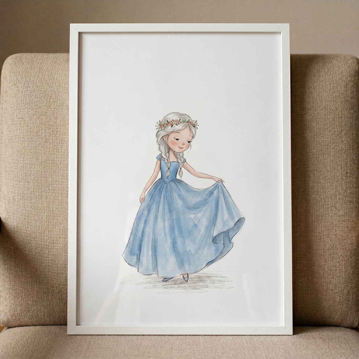 Whimsical Princess in Blue Gown Digital Illustration