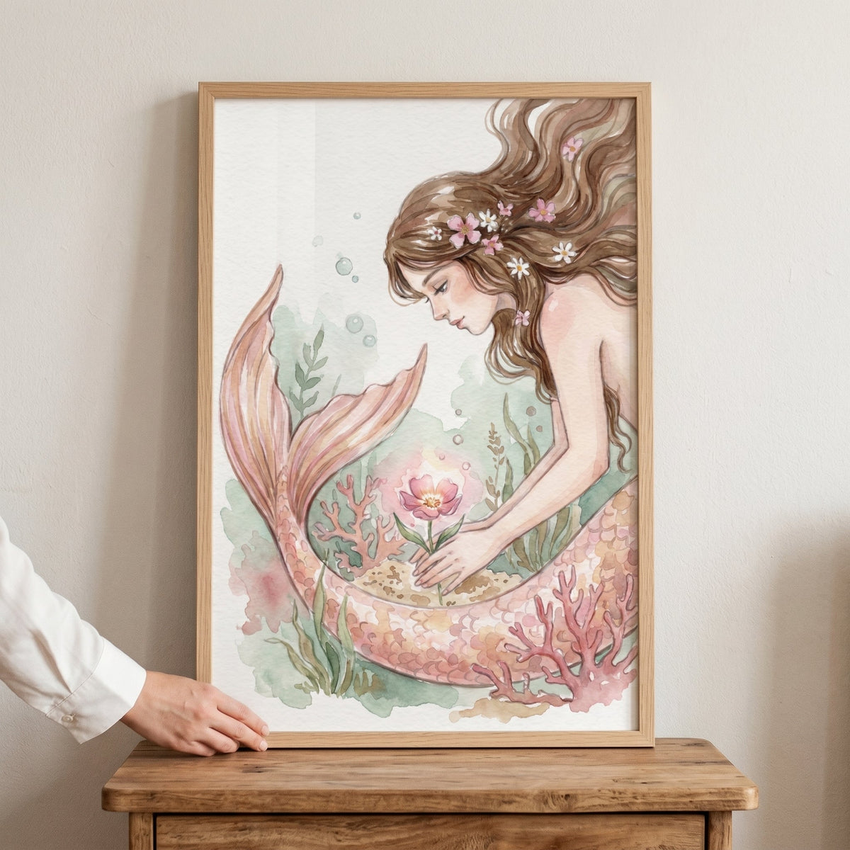 Watercolor Mermaid and Glowing Flower Digital Art