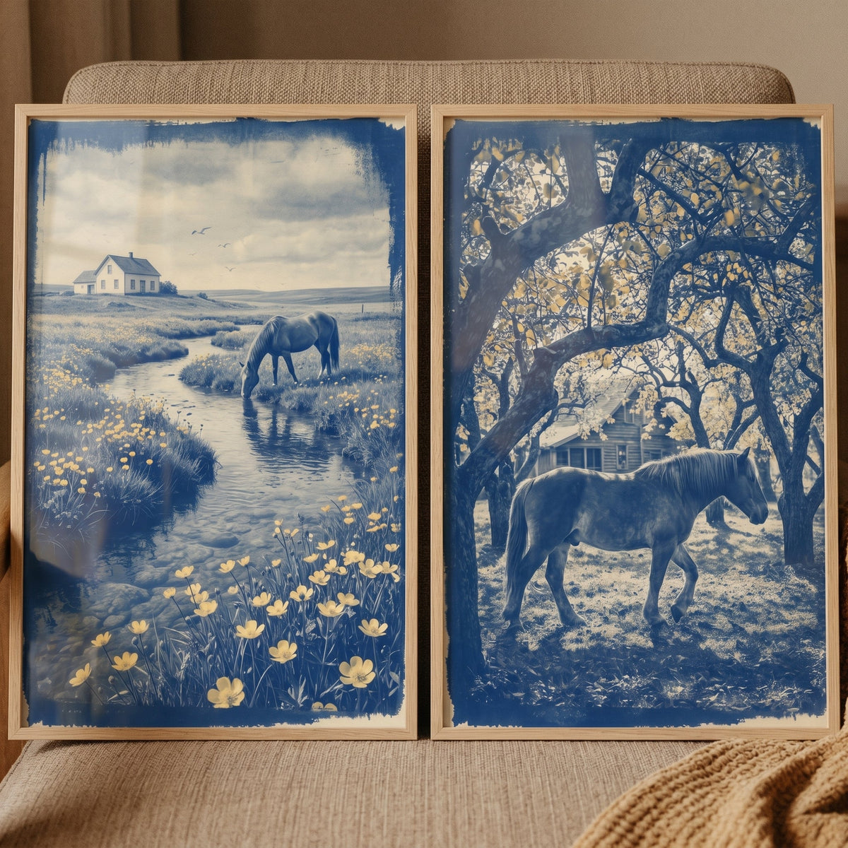 Blue Toned Countryside Horses Digital Art Set