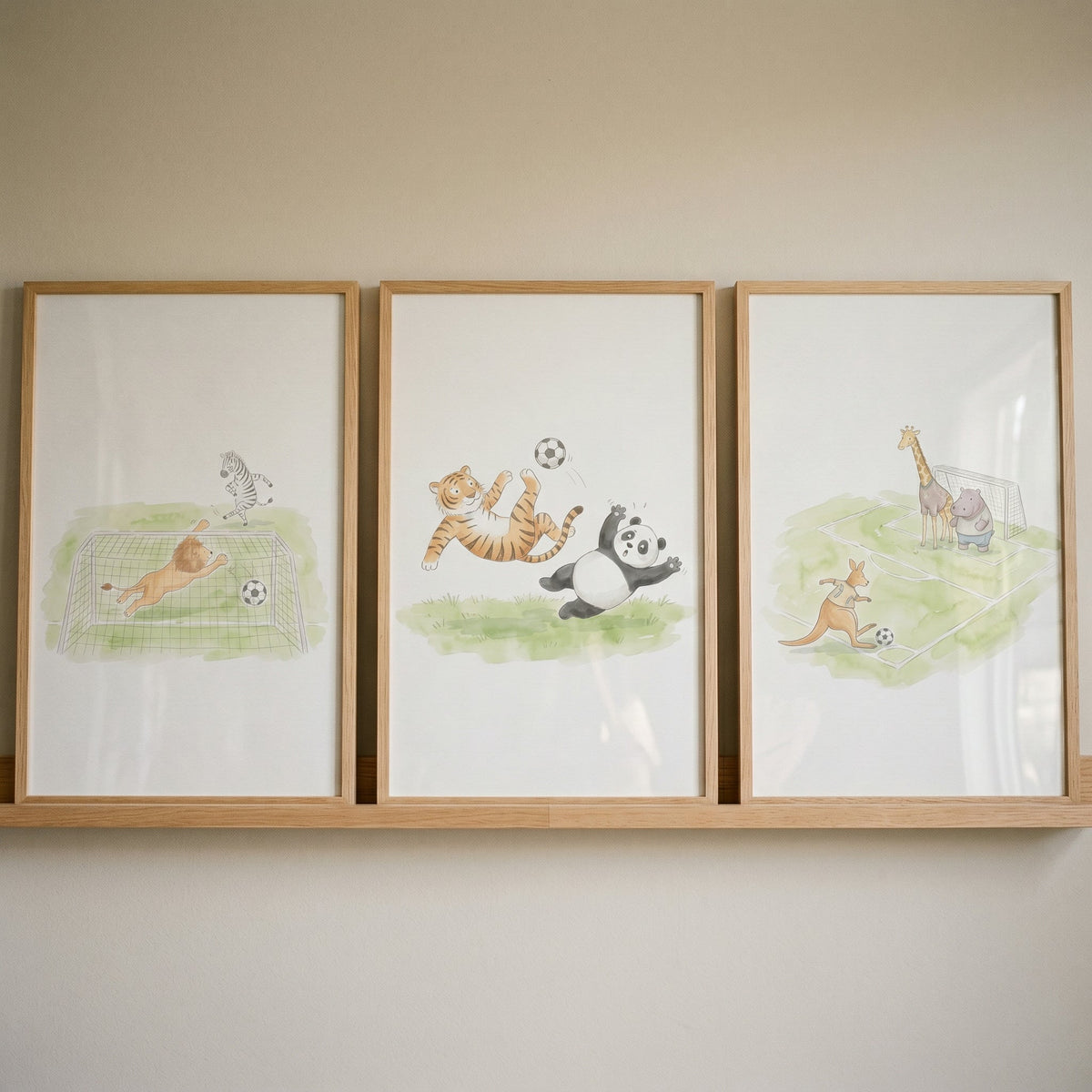 Cute Animal Soccer Players Digital Art Triptych