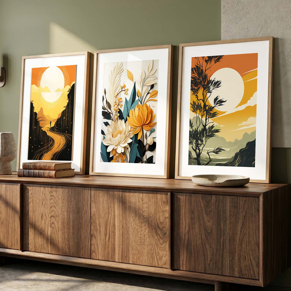 Golden Sunset & Botanical Triptych Digital Art