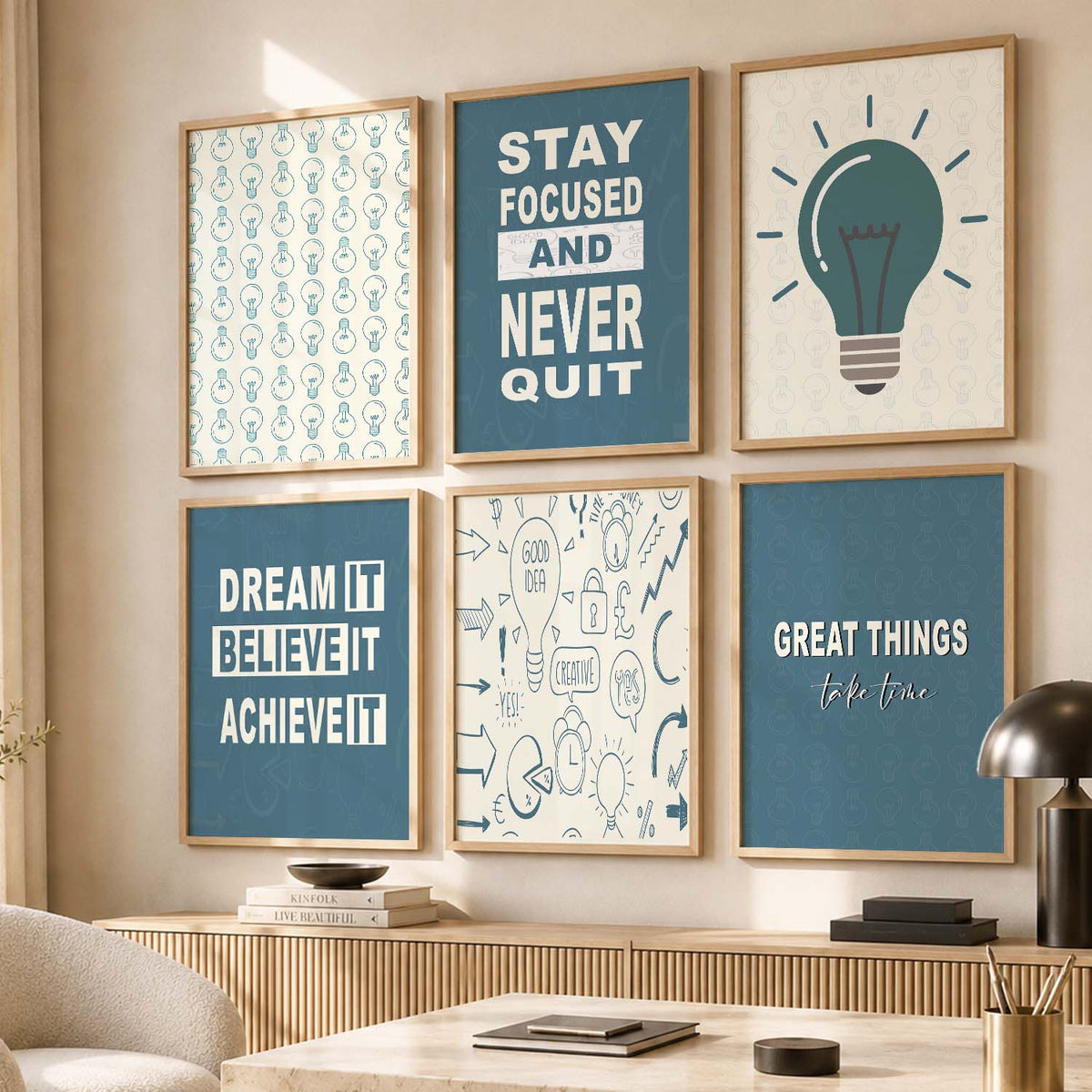 Inspirational Blue Lightbulb Wall Art Gallery Set