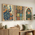Bohemian Peacock and Floral Mosaic Triptych Digital Art