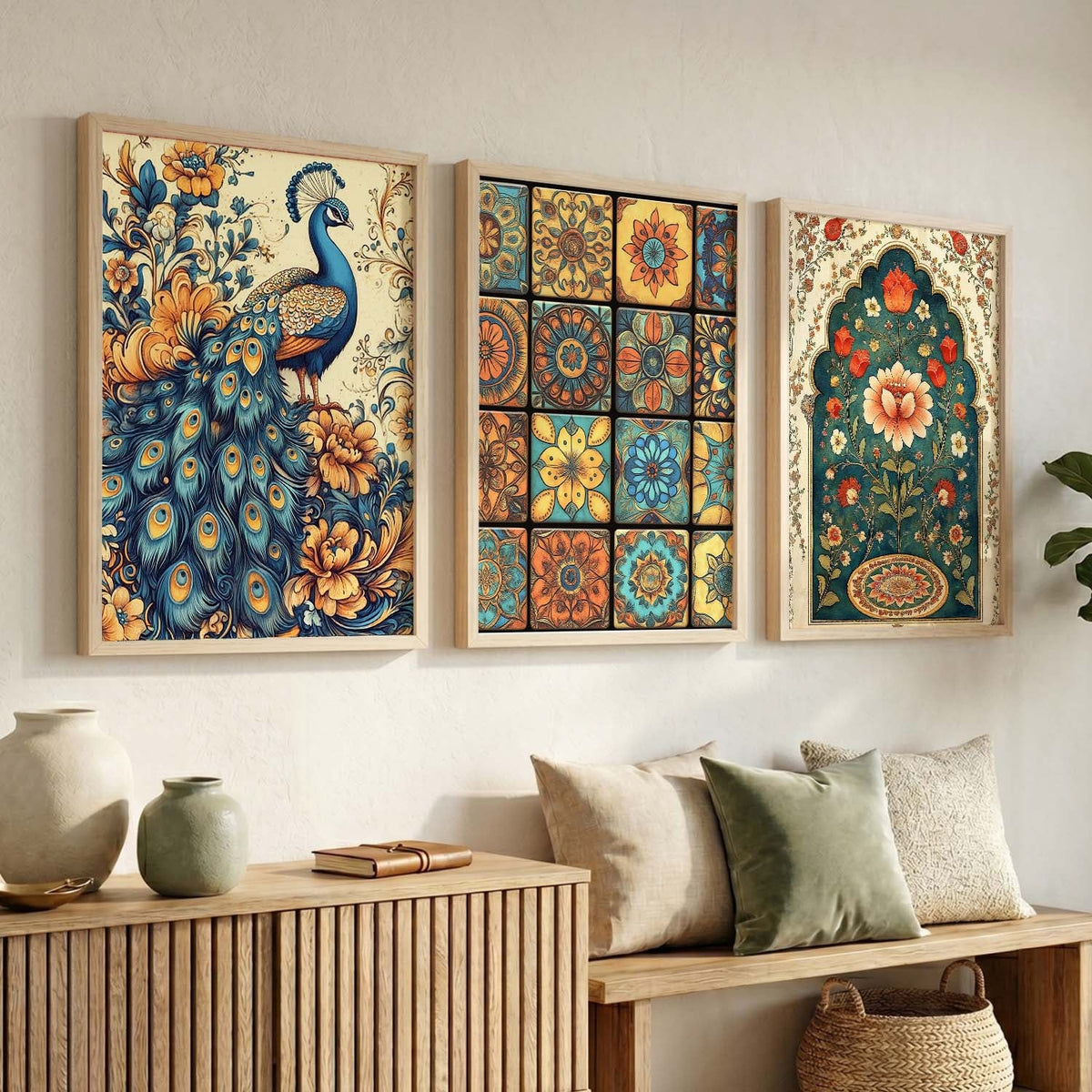 Bohemian Peacock and Floral Mosaic Triptych Digital Art