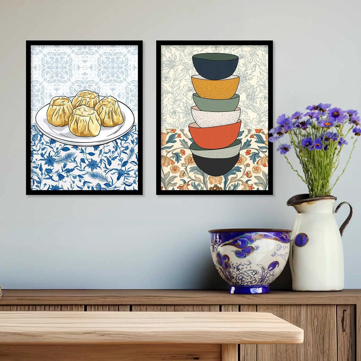 Kitchen Dumplings and Stacked Bowls Digital Art Set
