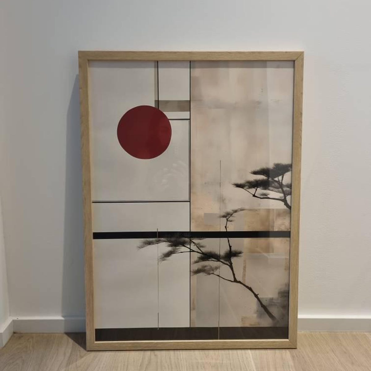 Minimalist Japanese Red Sun and Bonsai Tree Digital Artwork