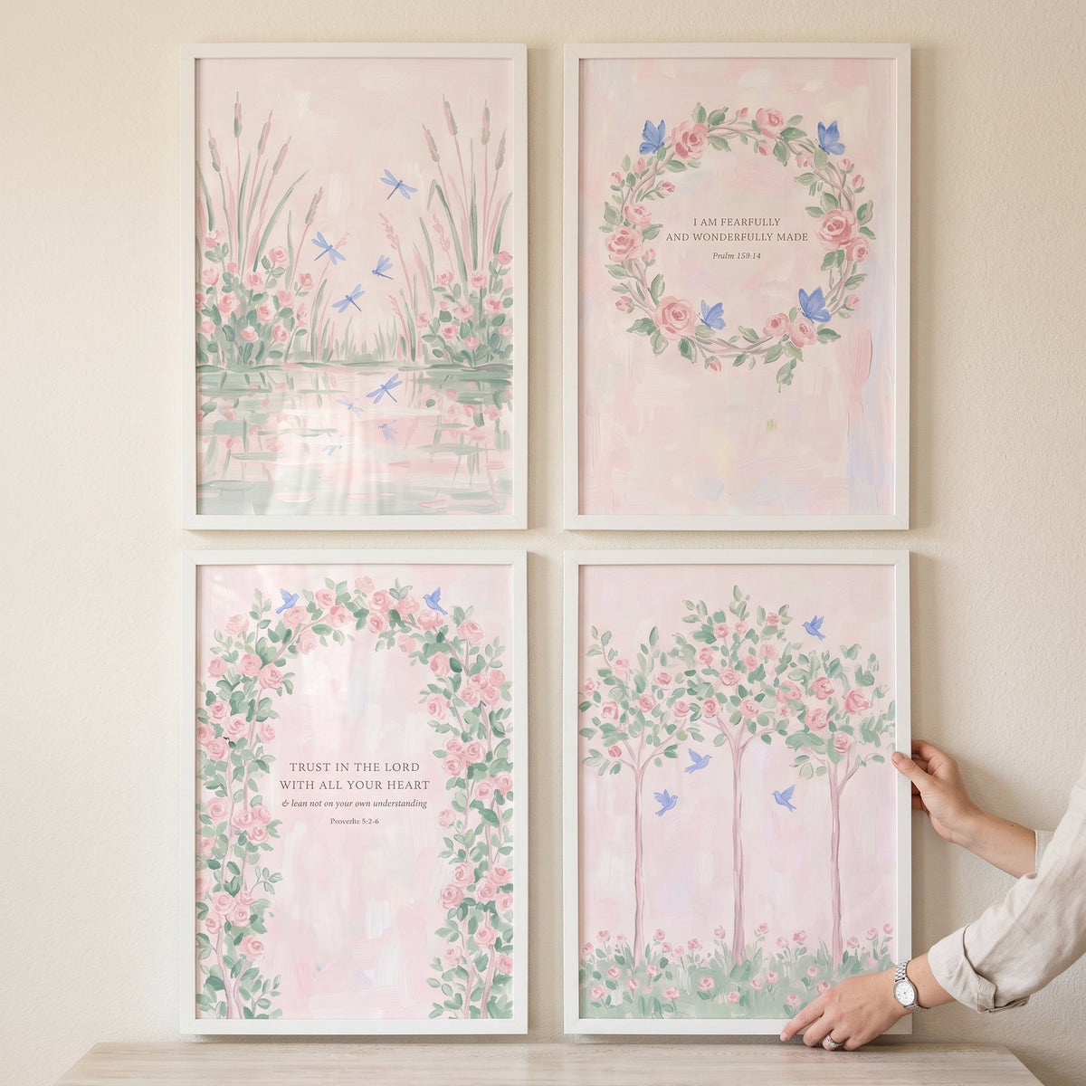 Pink Floral Scripture Wall Art Set of 4