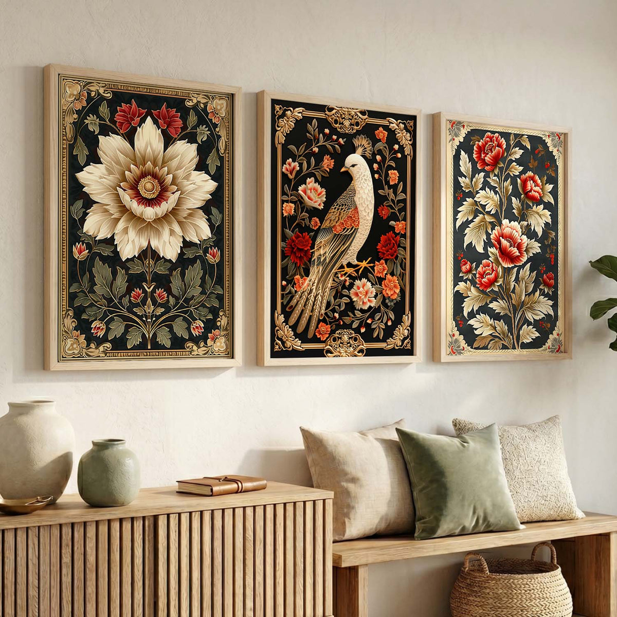 Baroque Botanical Bird Triptych Digital Art