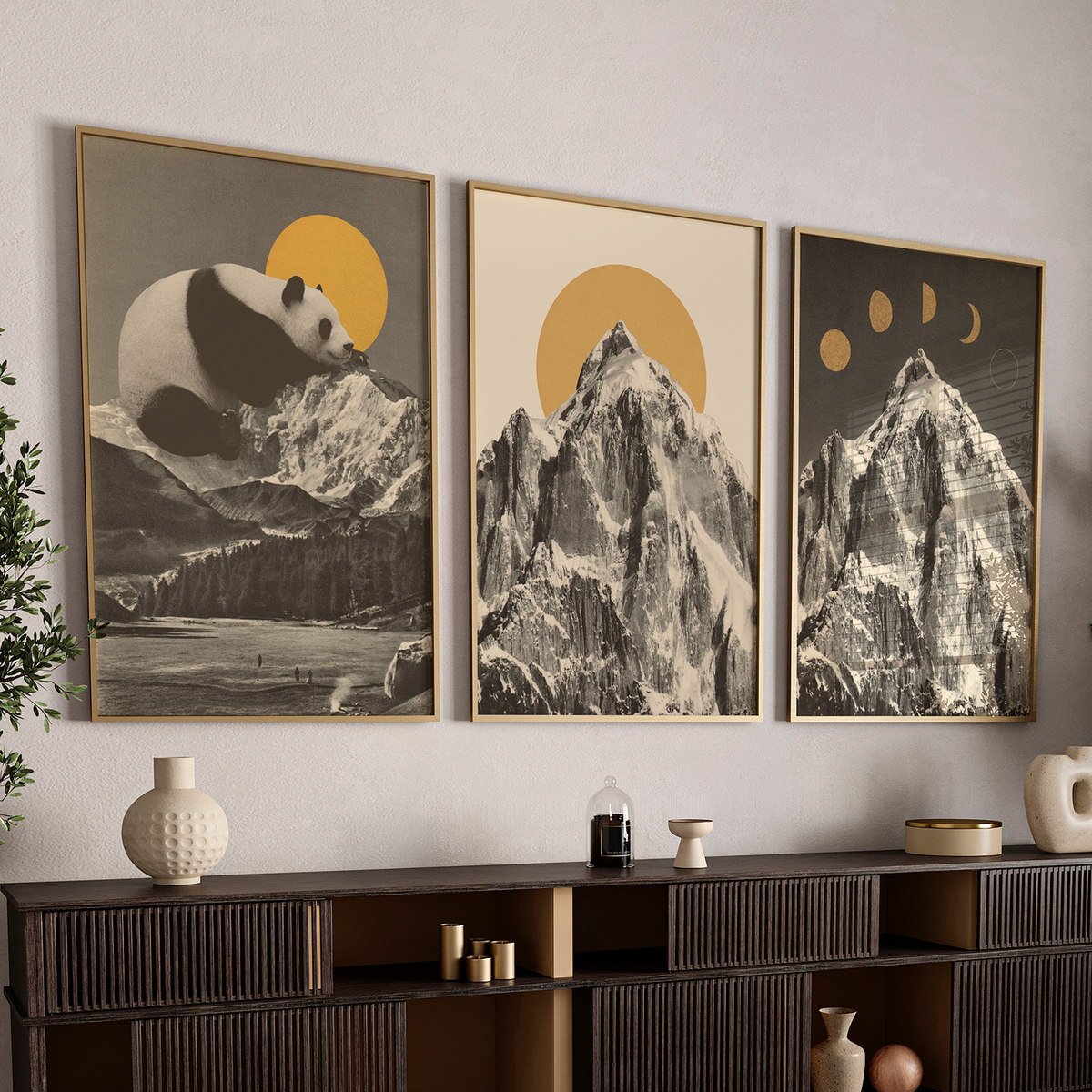 Surreal Mountain & Panda Triptych Digital Art