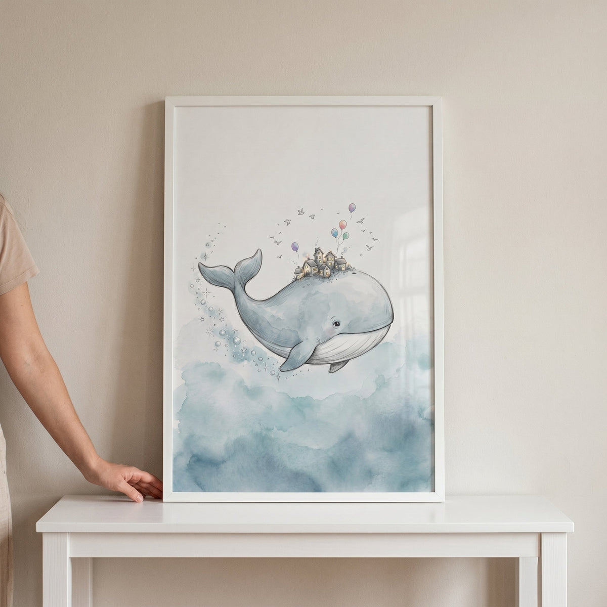 Whale with Village Watercolor Digital Artwork