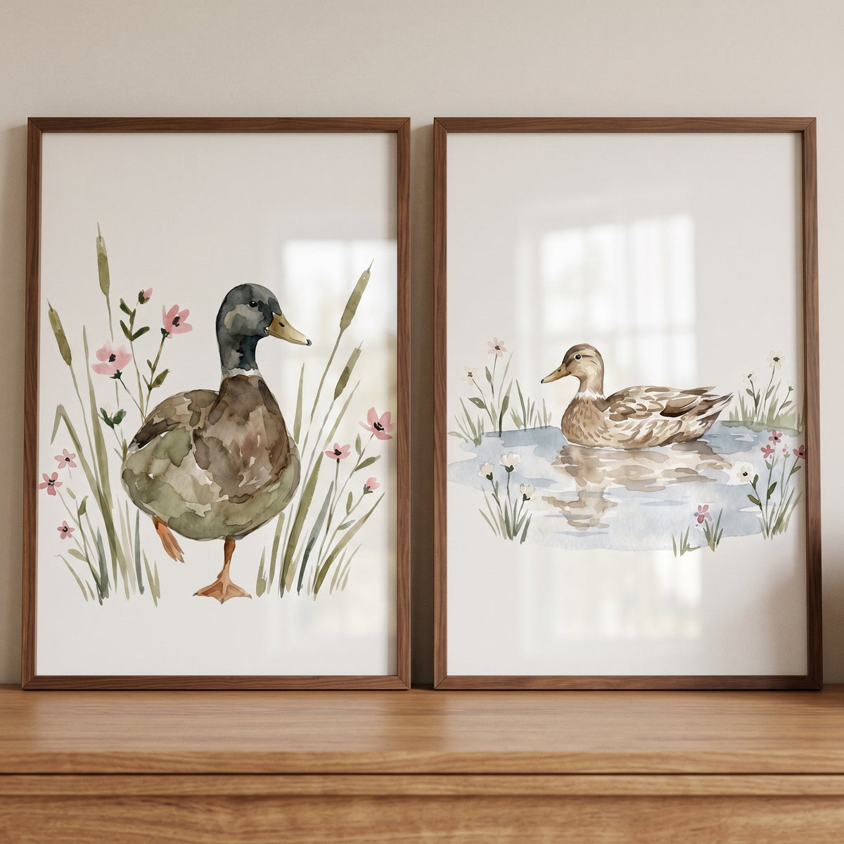 Watercolor Duck Pair Digital Art Set