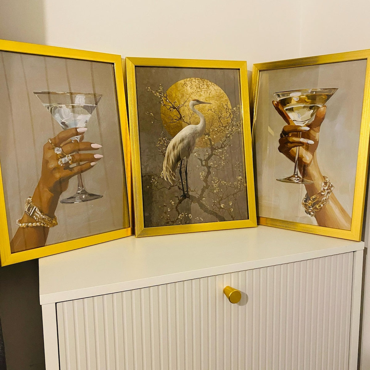 Chic Martini & Golden Crane Art Triptych