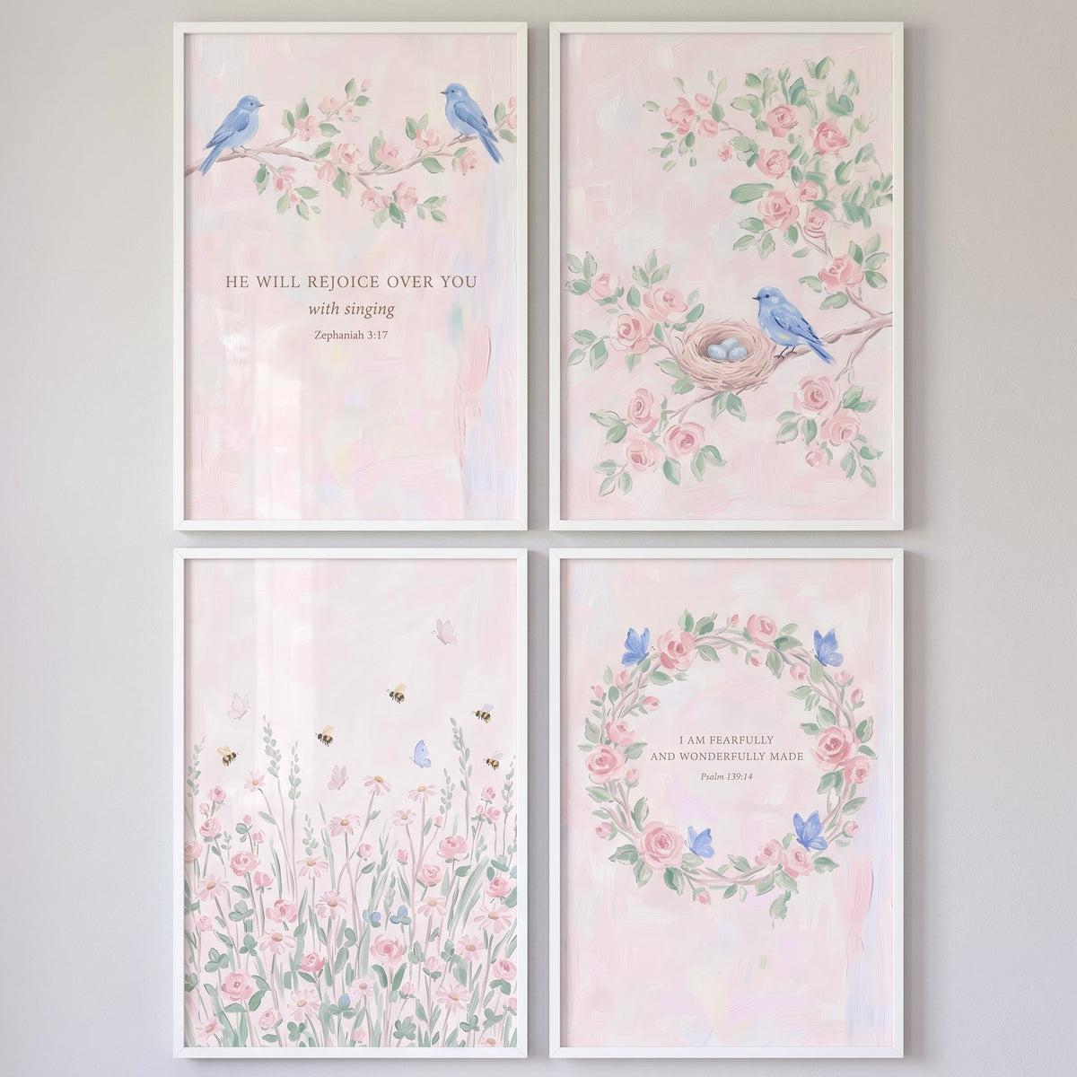 Pink Floral Scripture Bird Wall Art Set of 4