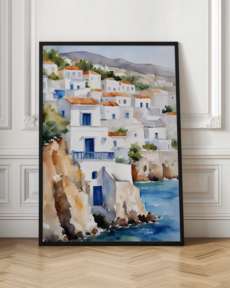 Santorini Coastal Village Watercolor Digital Art