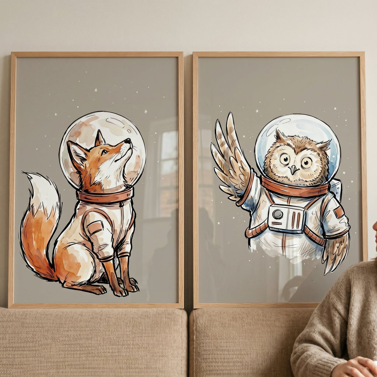 Space Explorer Fox and Owl Digital Art Prints