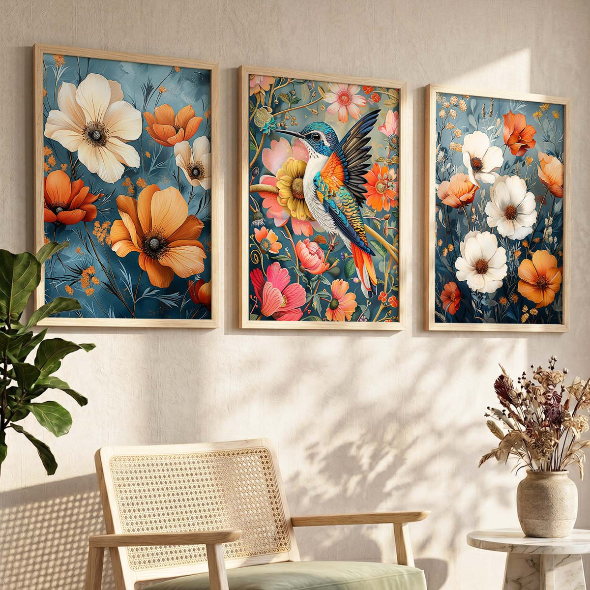 Vibrant Botanical and Hummingbird Triptych Digital Art