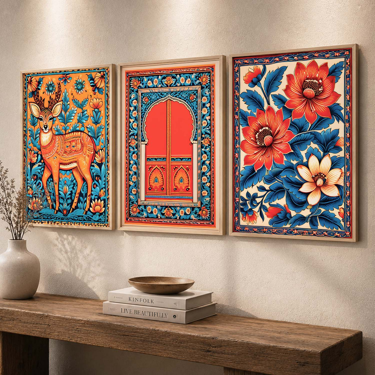 Bohemian Folk Floral & Wildlife Triptych Digital Art